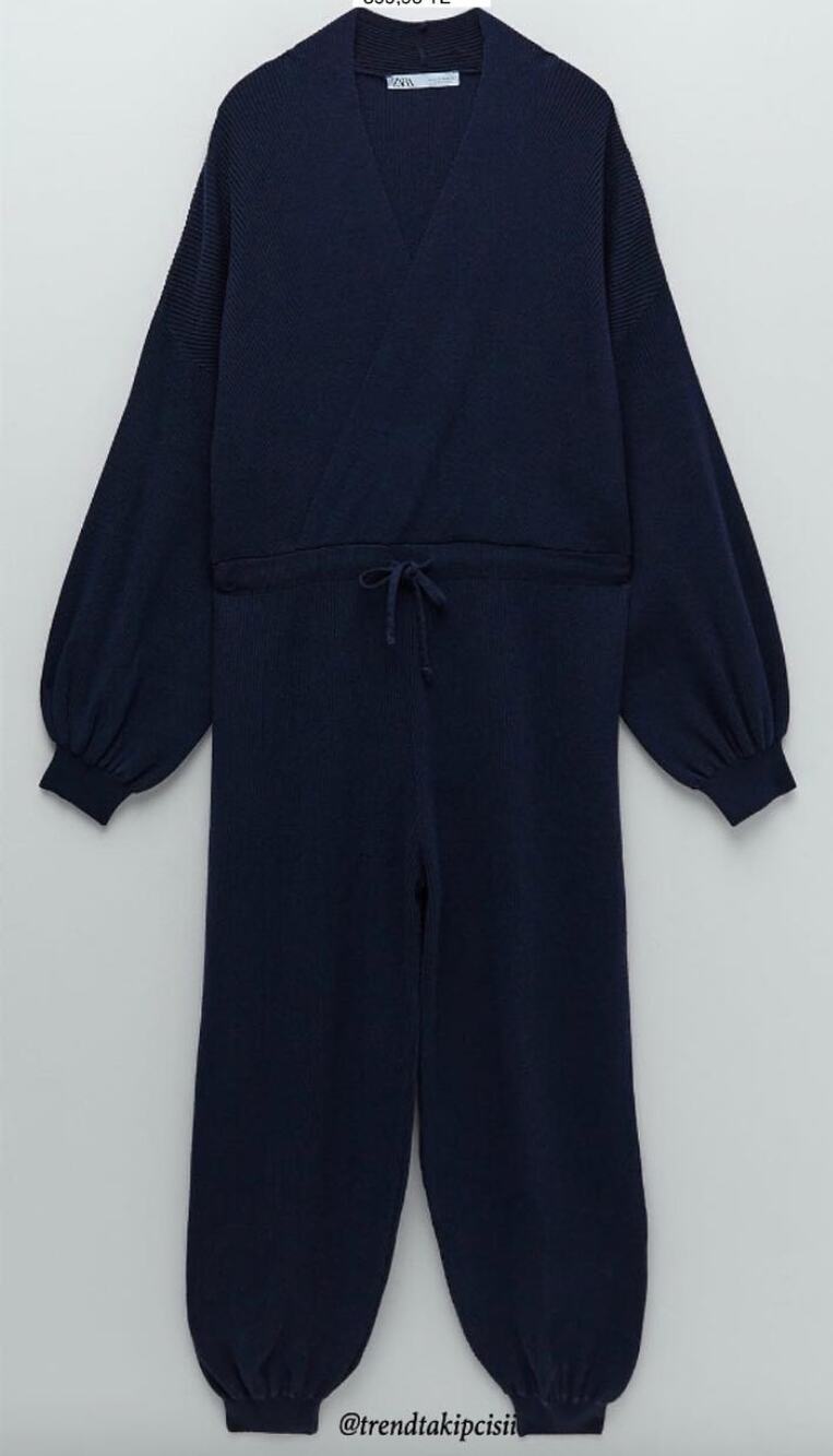 ZARA Navy Blue Jumpsuit Ribbed Knit Wrap V-Neck Casual Drop Shoulder M Medium